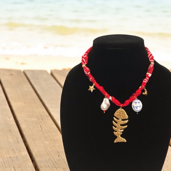 2 piece bandana necklaces , evil eye, beach themed, fish bone - Picture 4 of 7